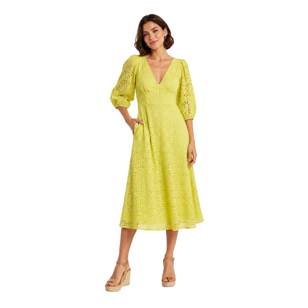 Anthropologie Yellow Eyelet Midi Dress Size 8 Puff Sleeve V Neck Fit Flare